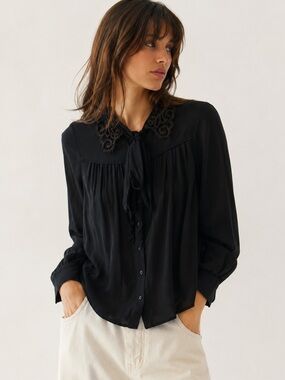 Axara Black Tie-Neck Lace Collar Blouse - Women